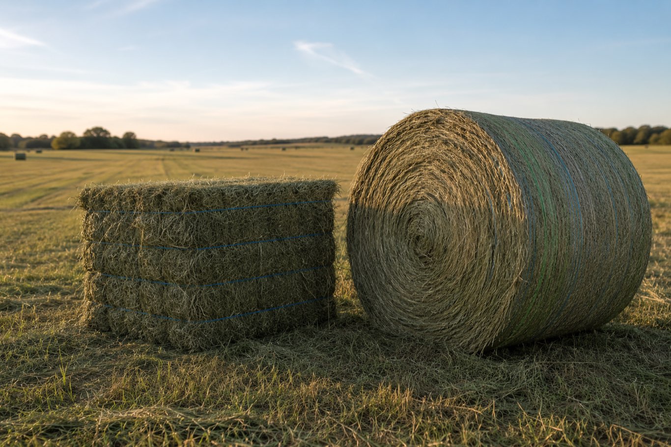 A square bale and a round bale in a Reese Farms hay field at golden hour, Kaufman County