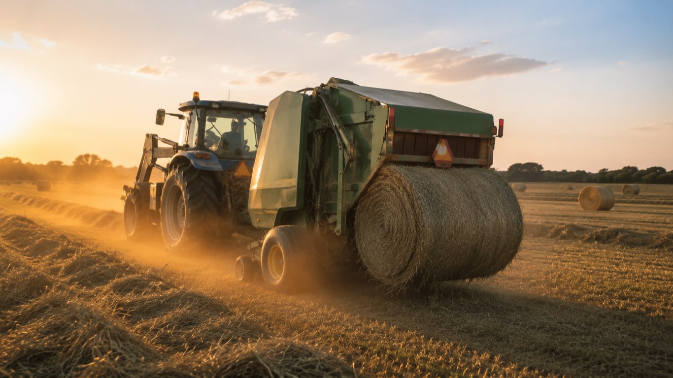 A Reese Farms tractor and round baler raising dust as it bales at sunset, Kaufman County